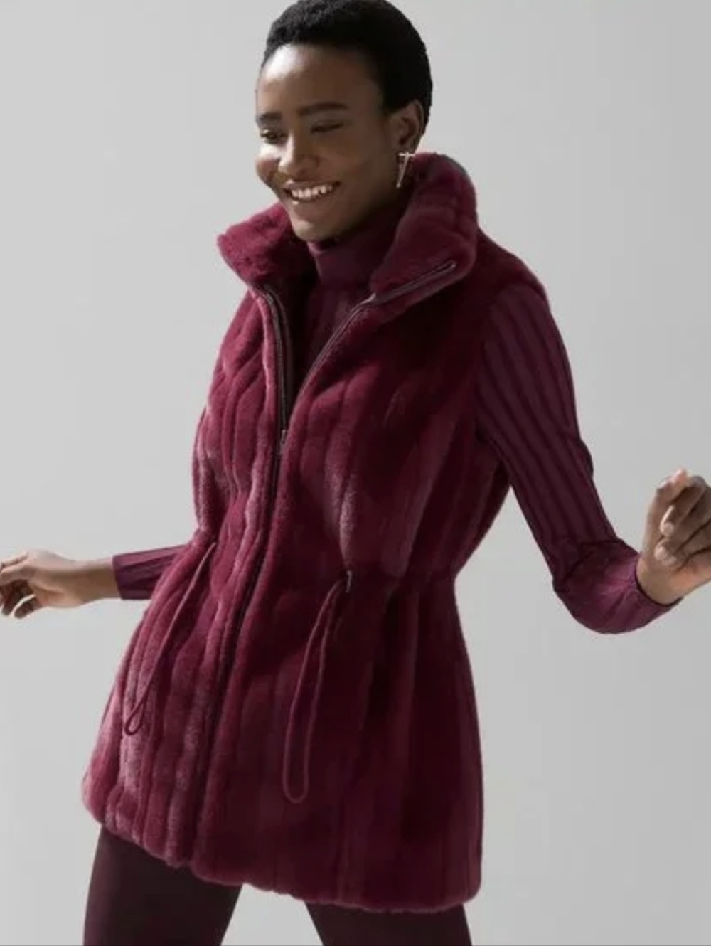 WHBM White House Black Market Faux Fur Luxe Vest Port Burgundy Red XL